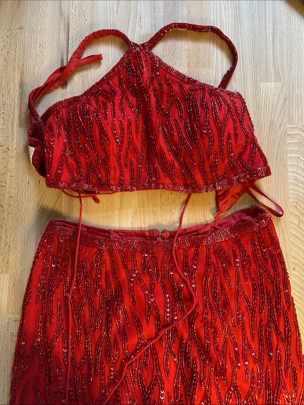 Precious Formals Red Beaded One-Shoulder Evening Dress